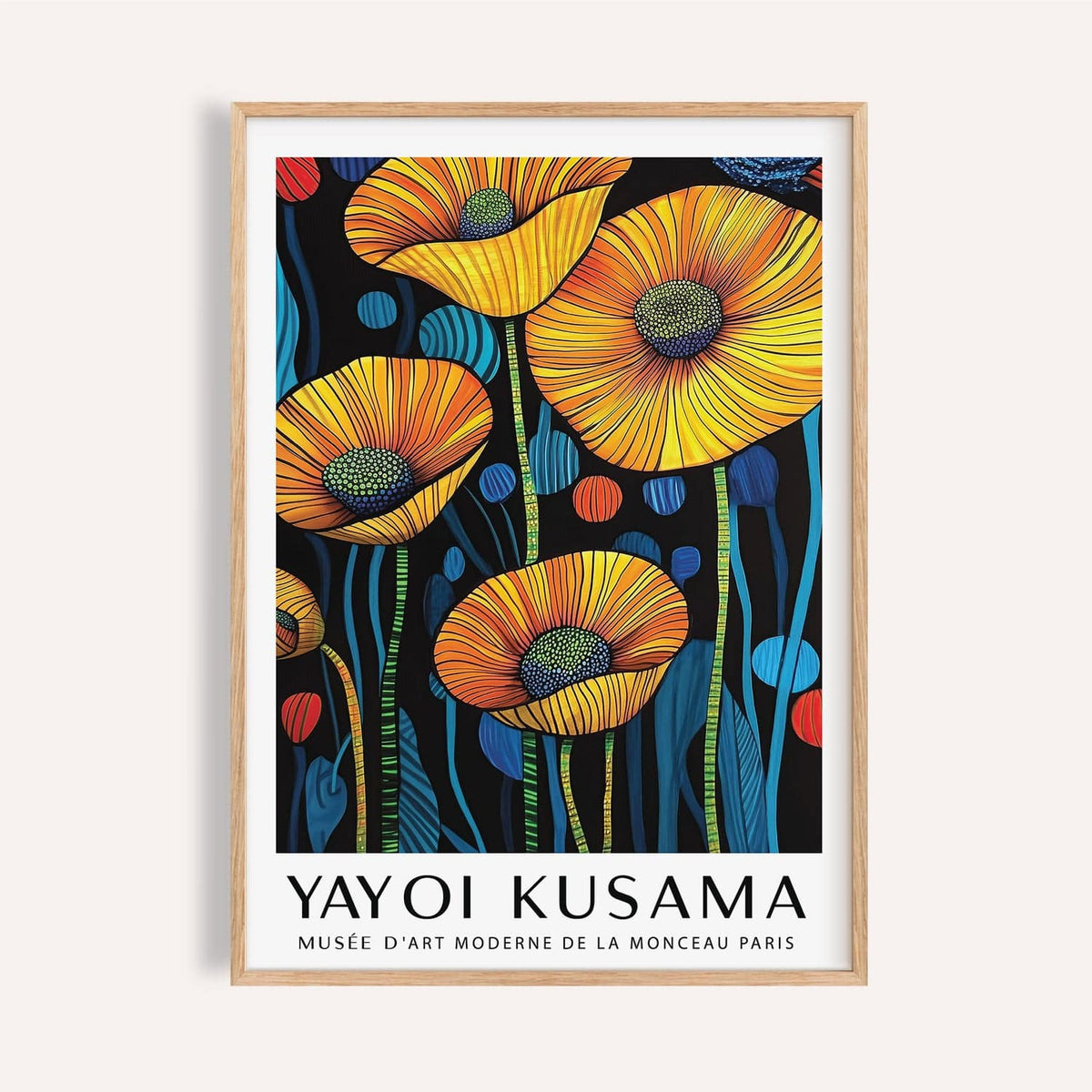 Art of poppies with bold yellow and orange flowers on black background.