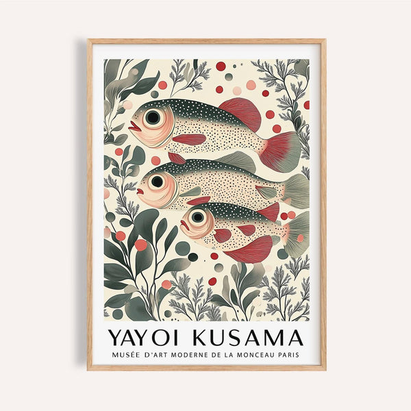 Wall art of fish with red fins and dotted bodies for rustic kitchens.