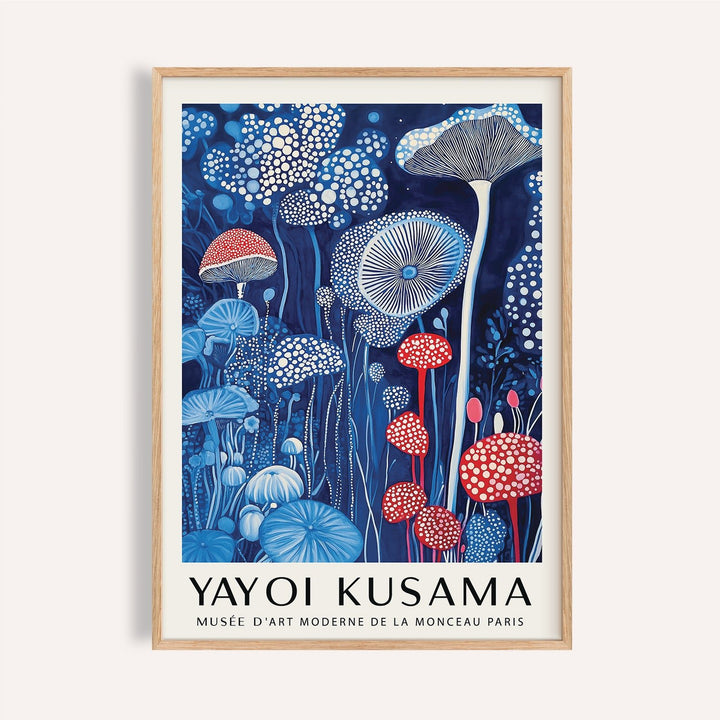 Abstract mushroom print inspired by Yayoi Kusama with bold red caps