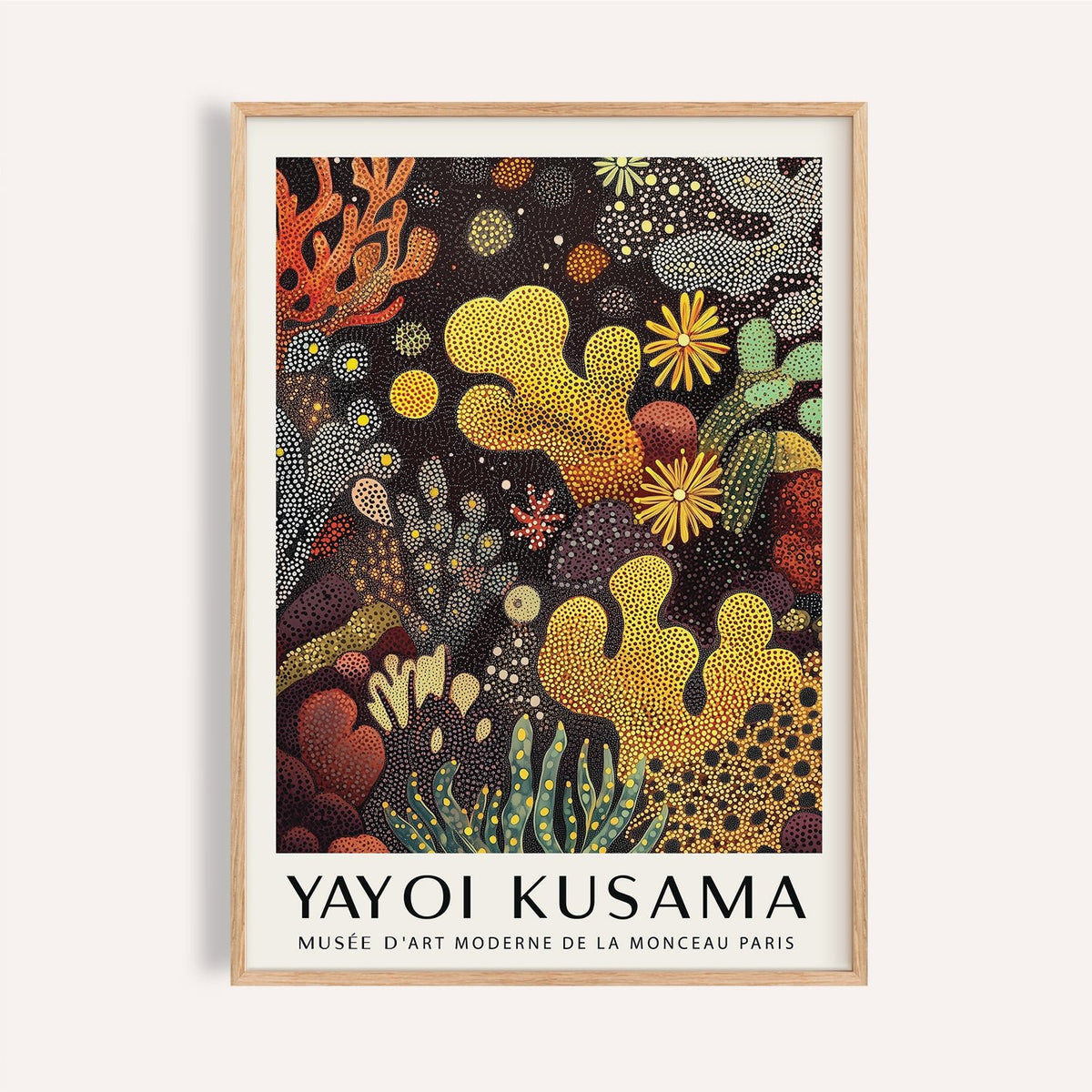 Vibrant sea life art with yellow coral and dotted textures for living room decor