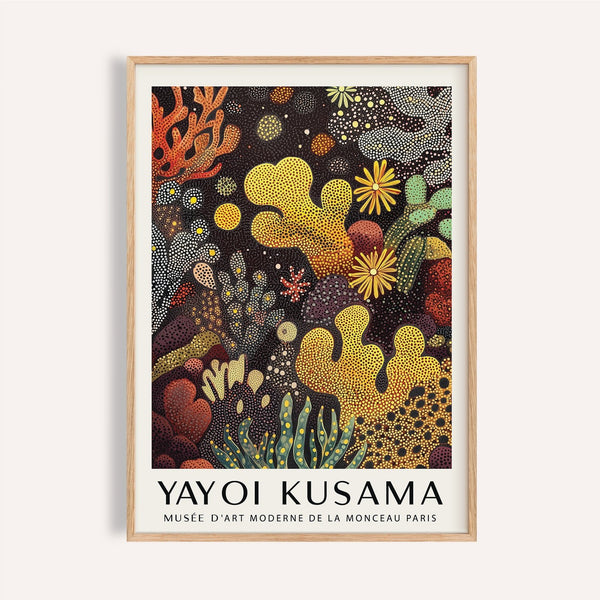 Vibrant sea life art with yellow coral and dotted textures for living room decor