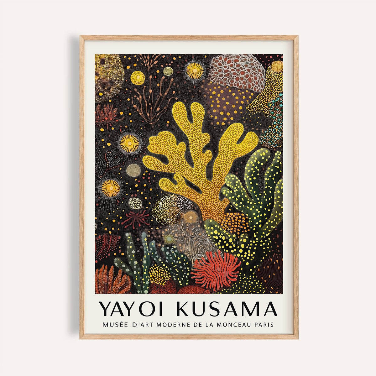 Coral reef painting with large yellow coral and dotted marine textures for modern walls