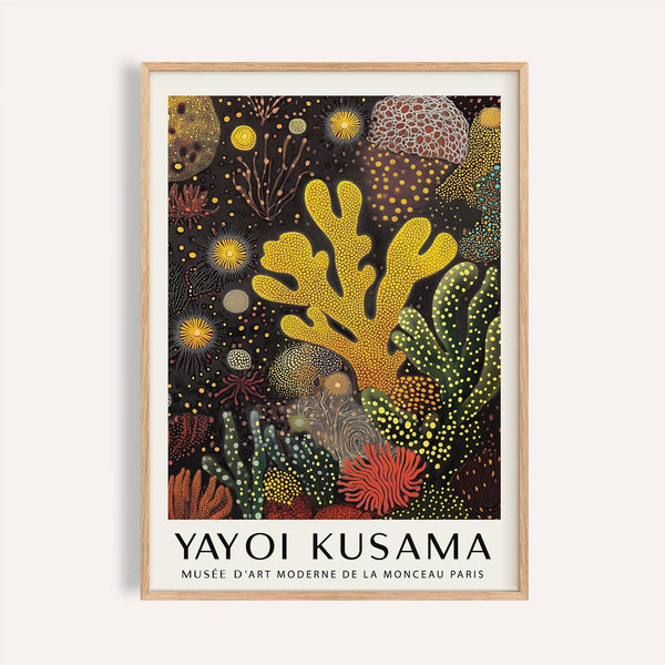 Coral reef painting with large yellow coral and dotted marine textures for modern walls