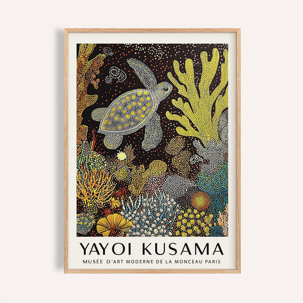 Sea turtle wall art with dotted yellow turtle and coral for ocean-themed interiors