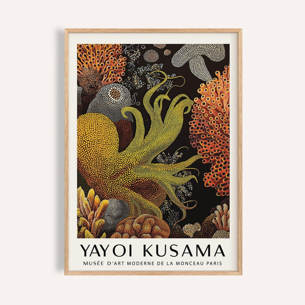 Octopus wall art featuring yellow dotted tentacles and abstract coral for living rooms