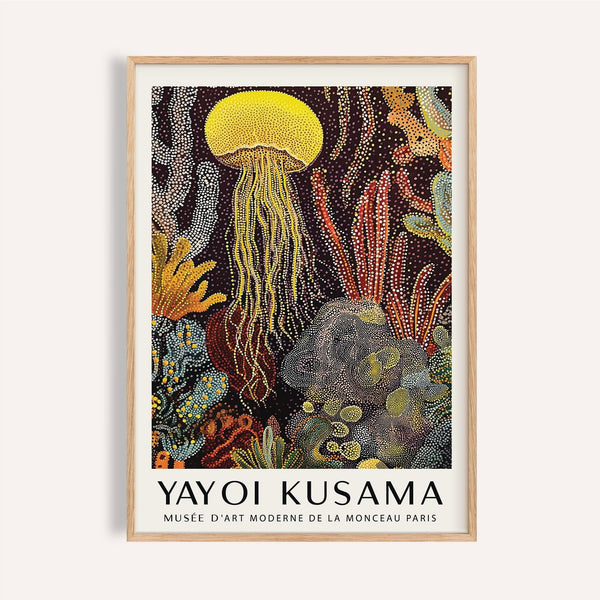 Jellyfish poster featuring a yellow glowing jellyfish with flowing tentacles for bedroom walls