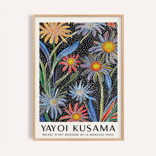 Colorful floral pop art print with dotted orange and violet flowers for living rooms