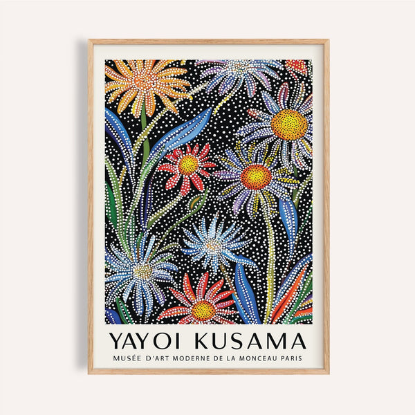 Colorful floral pop art print with dotted orange and violet flowers for living rooms