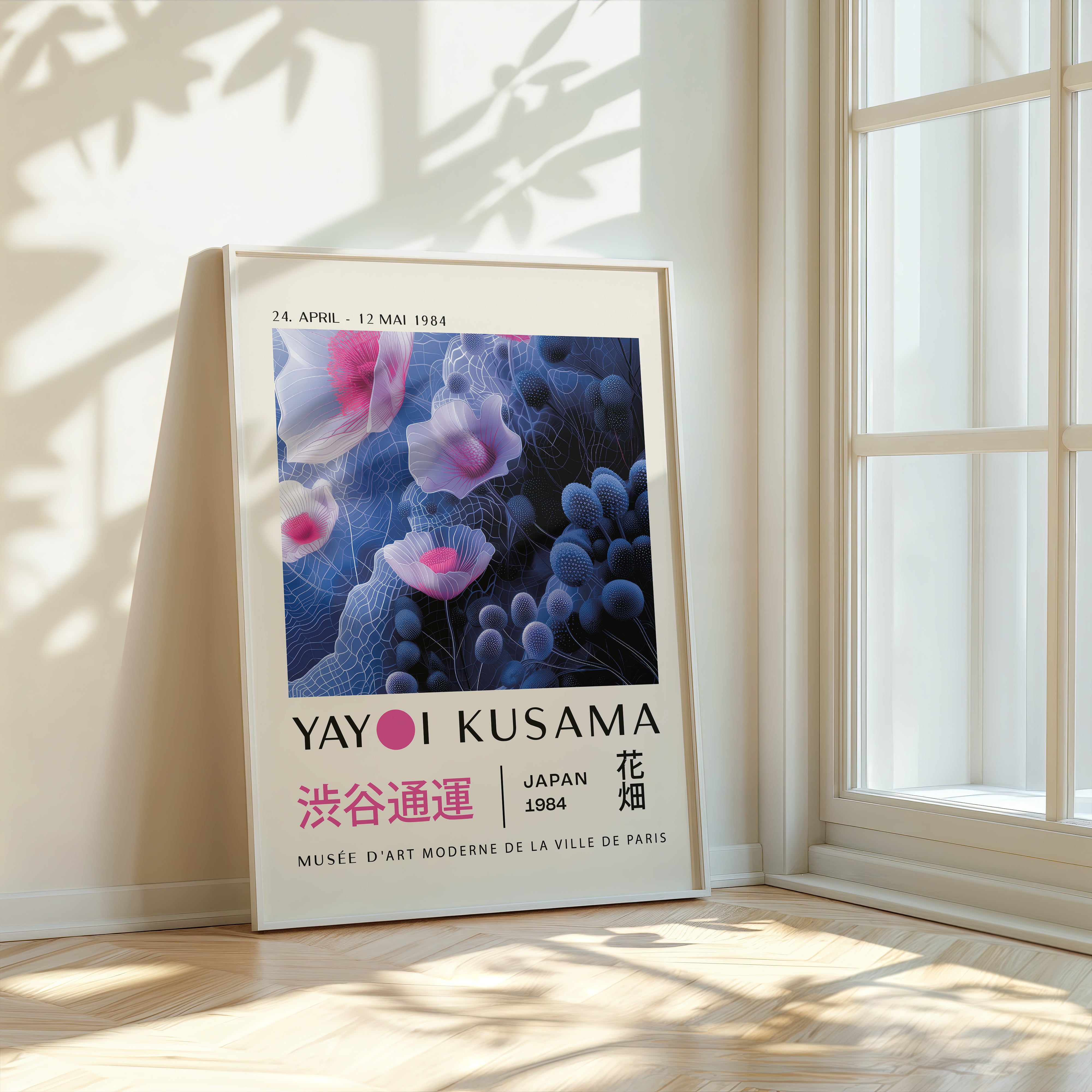 Yayoi Kusama Print - Abstract Floral Wall Art in Blue & Pink