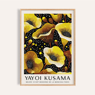 Yellow wall decor featuring yellow and brown poppy flowers with black dotted background
