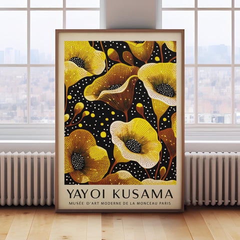 Yayoi Kusama yellow floral print for modern decor
