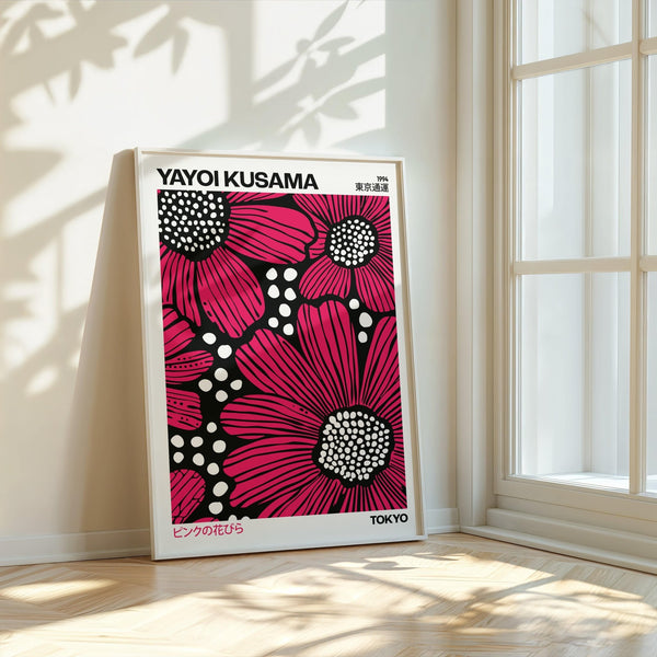 Kusama-inspired pink posters featuring vivid pink petals and dots