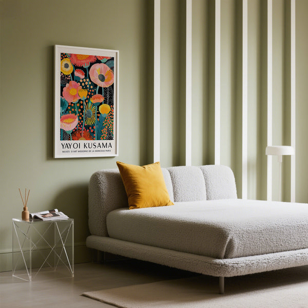 Modern Yayoi Kusama Flowers artwork with bold pink and yellow blooms