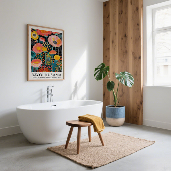 Yayoi Kusama Flowers poster featuring pink, orange, and yellow hues