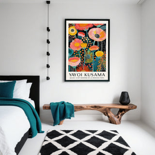 Unique Yayoi Kusama Flowers print with artistic bold color contrast