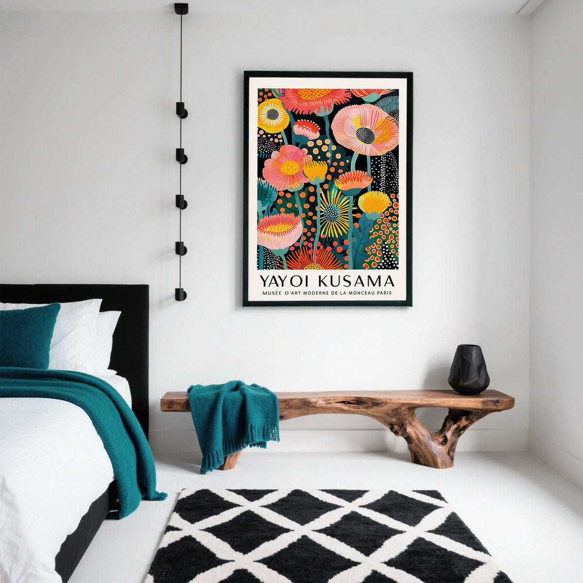 Unique Yayoi Kusama Flowers print with artistic bold color contrast
