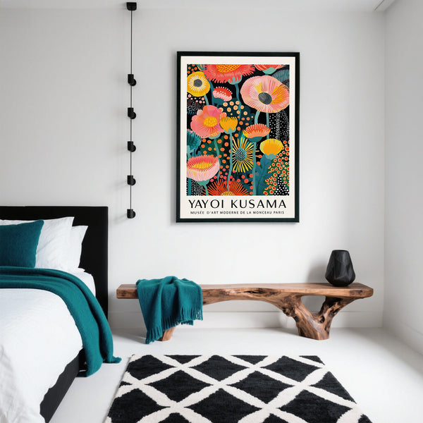 Unique Yayoi Kusama Flowers print with artistic bold color contrast
