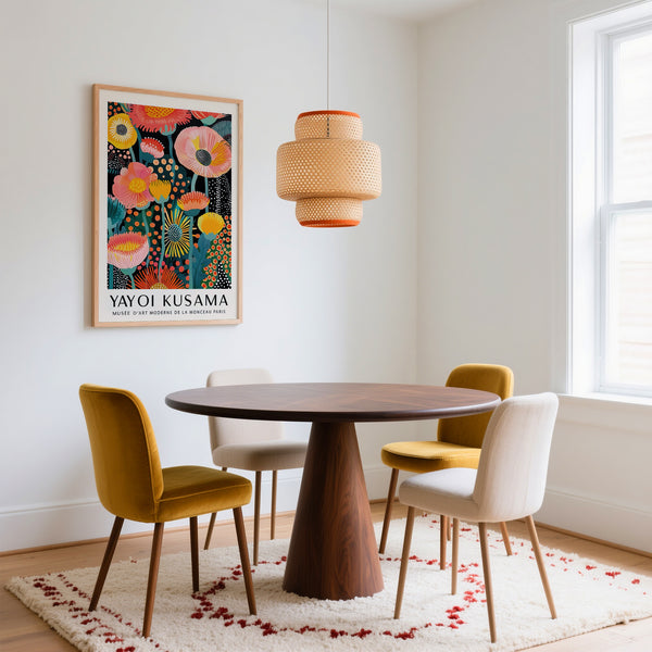 Dining Room Wall Art of Yayoi Kusama Flowers above wooden circular dining table