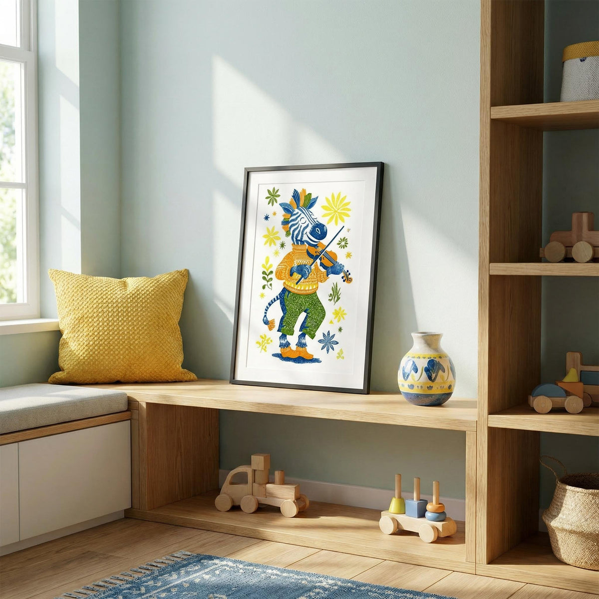 Framed colorful artwork on a wooden shelf with toys and decor in a room.
