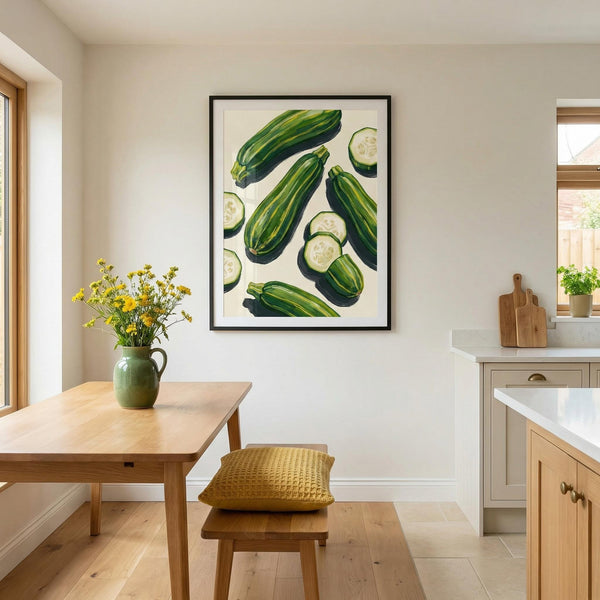 Kitchen interior with a framed picture of zucchini on the wall, a table with a vase of flowers, and wooden cabinets.