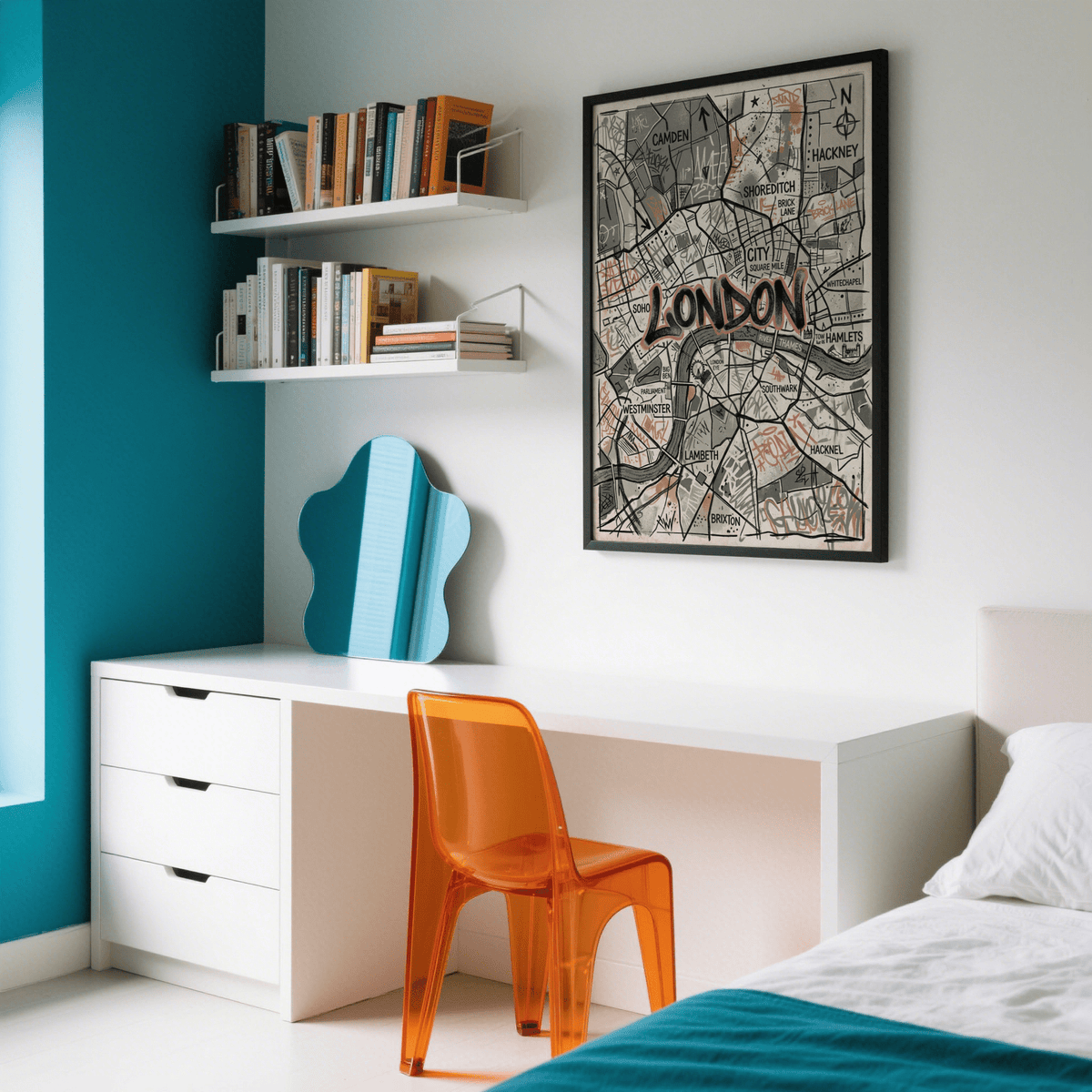 Sketch map art print with bold “London” text, splatter accents, and dense road lines