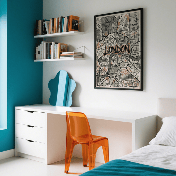 Sketch map art print with bold “London” text, splatter accents, and dense road lines