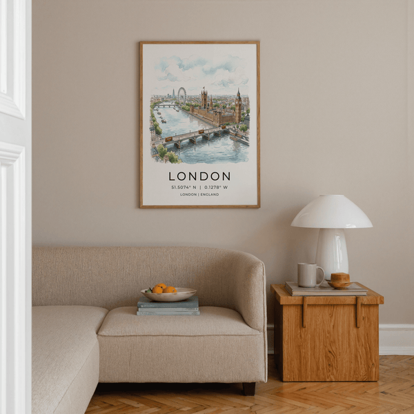 Sketch-style London Cityscape Print featuring Parliament buildings by the river