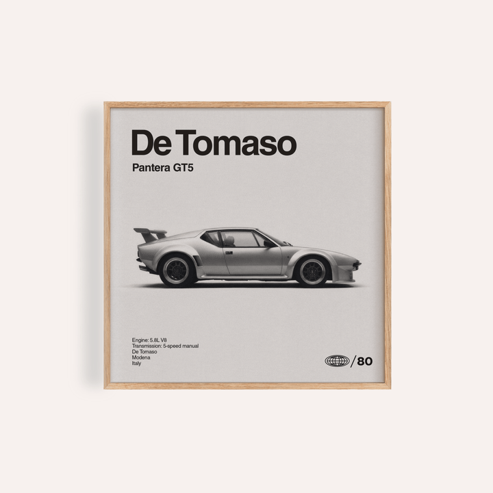 De Tomaso Pantera GT5 Print in Gray, Black and White, ideal for an office wall art display