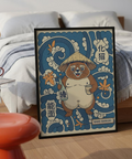 Whimsical tanuki wall art print holding bottle and cup with Japanese lettering