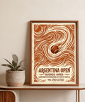 Retro sports wall art print featuring a central tennis ball and bold curved linework