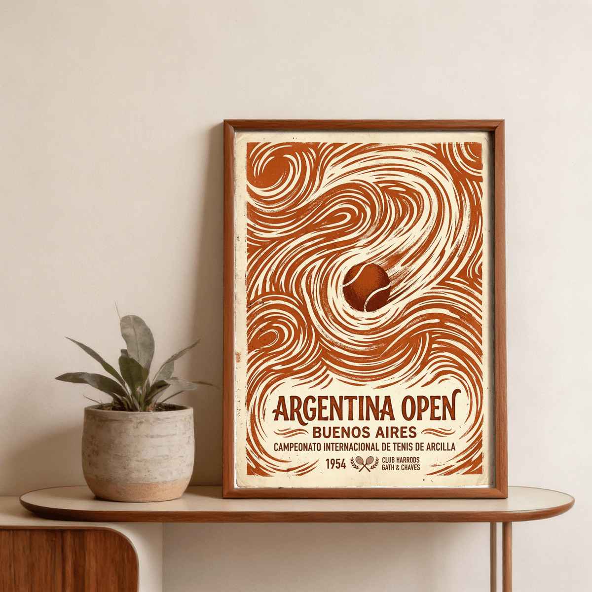 Retro sports wall art print featuring a central tennis ball and bold curved linework