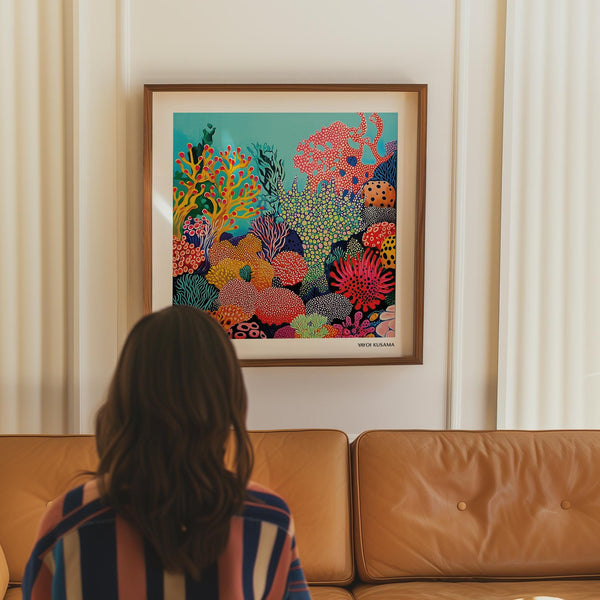 Richly colored tropical sea wall art featuring orange coral branches and dotted sea sponges.