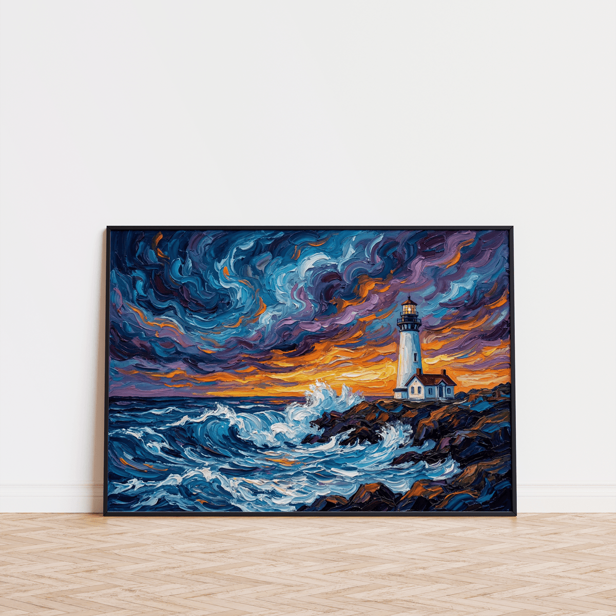 Ocean Landscape Print with lighthouse and Blue waves for dining room art print