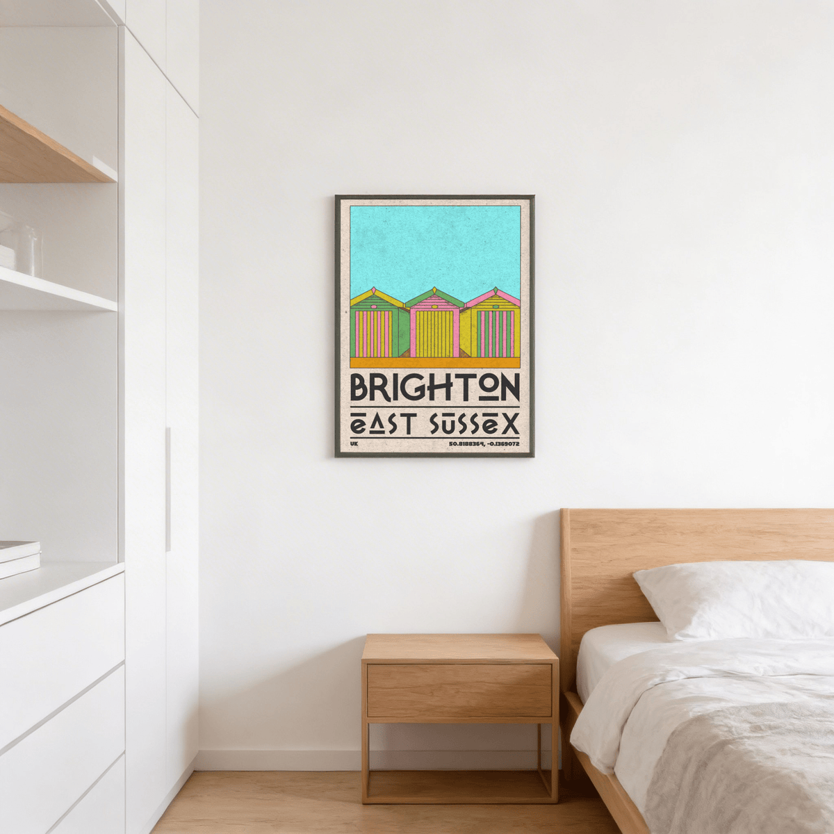View of vintage style travel poster against neutral background