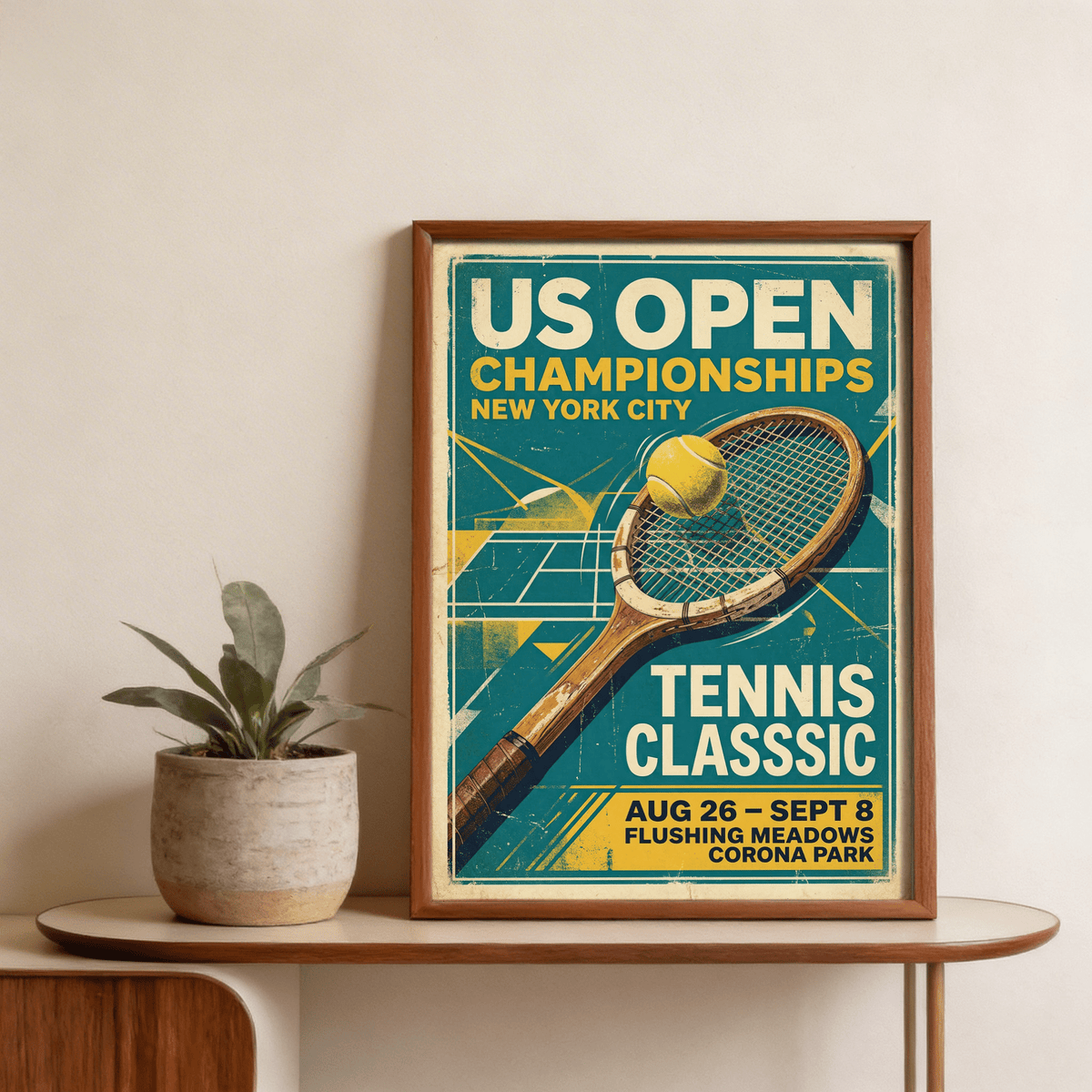 Close view of distressed paper texture and court lines on retro tennis artwork
