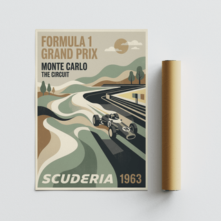 Illustrated motorsport poster featuring road perspective, car at corner exit, and layered hill silhouettes