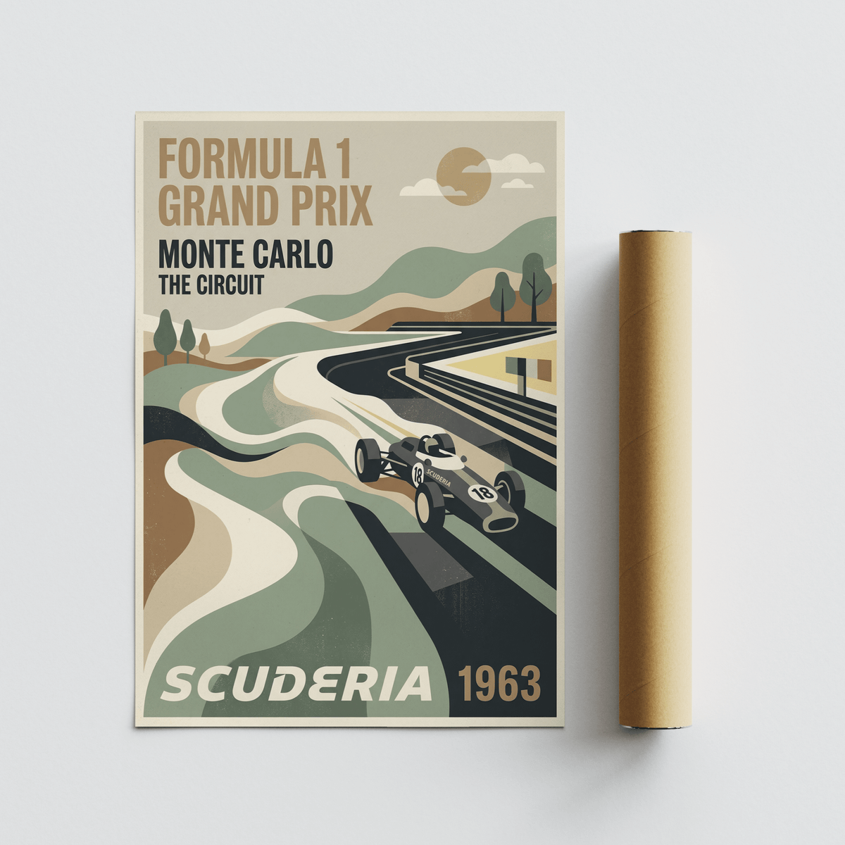 Illustrated motorsport poster featuring road perspective, car at corner exit, and layered hill silhouettes
