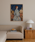 Floral Portrait Art with feminine figure, orange and brown floral accents, office wall art