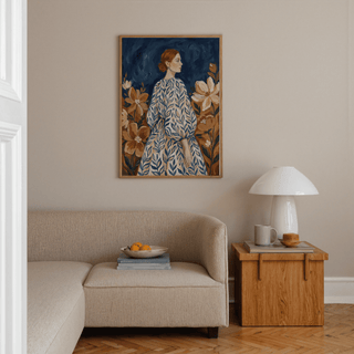 Floral Portrait Art with feminine figure, orange and brown floral accents, office wall art