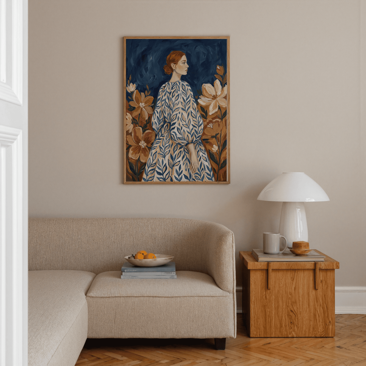 Floral Portrait Art with feminine figure, orange and brown floral accents, office wall art