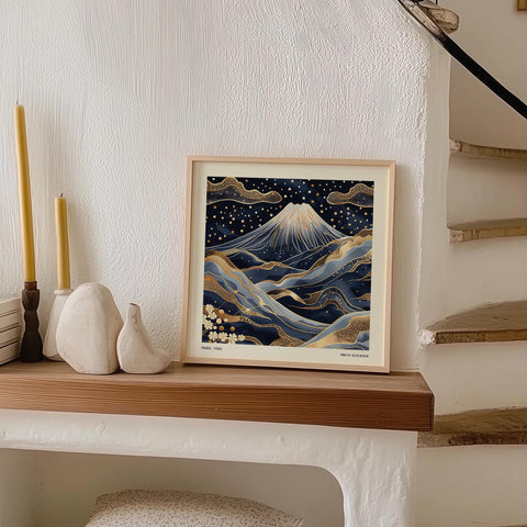 Navy and gold Japanese decor featuring iconic Mount Fuji.