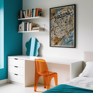Layered Barcelona City Map Art wall art with street grid blocks and ink-like marks