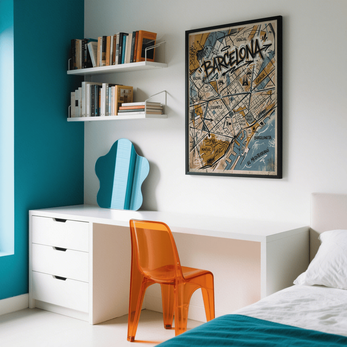 Layered Barcelona City Map Art wall art with street grid blocks and ink-like marks