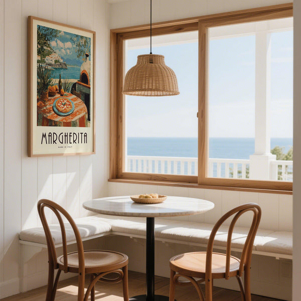 Orange-striped tablecloth and pizza setting in vintage Italian food prints.