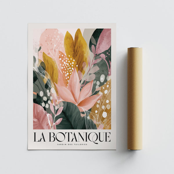 Large flower prints in soft pink, green, and gold for wall decor