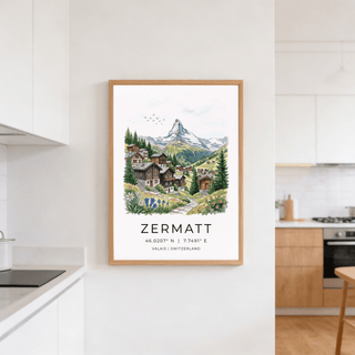 Destination landscape wall art print of Swiss village hillside and winding walkway