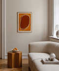 Living room mock-up of Abstract Earth Tone Wall Art in slim frame above sofa