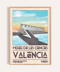 Framed wall view of Valencia Art Print with angular museum and water reflections
