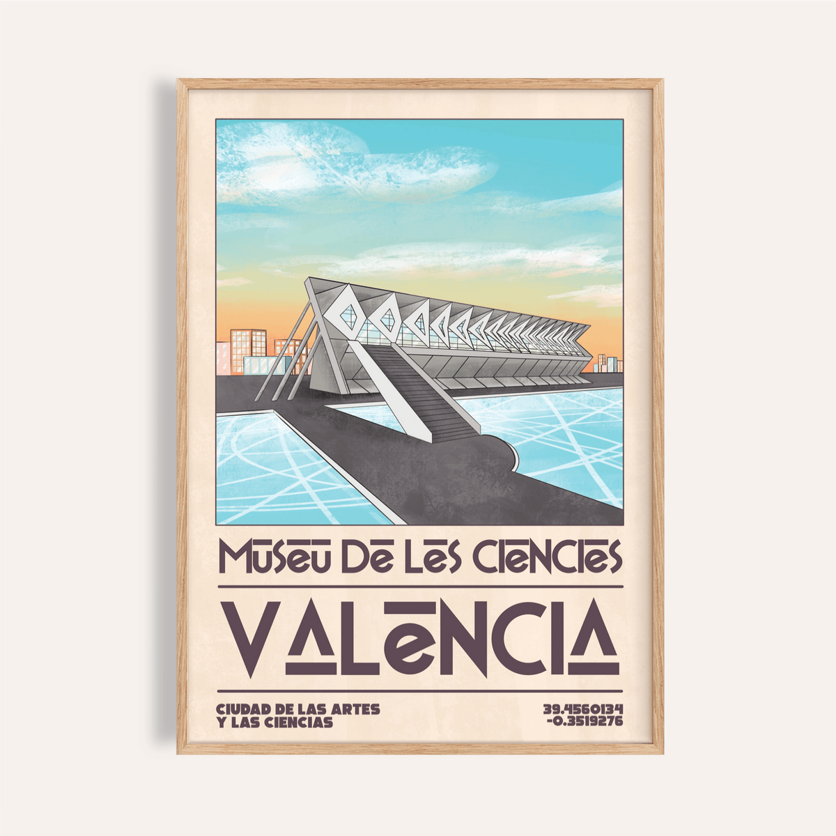 Framed wall view of Valencia Art Print with angular museum and water reflections