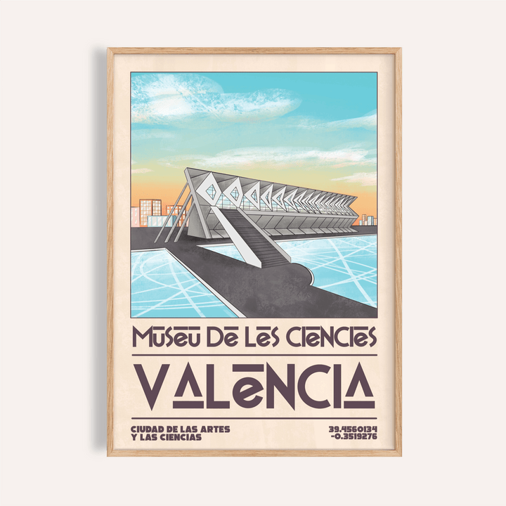 Framed wall view of Valencia Art Print with angular museum and water reflections
